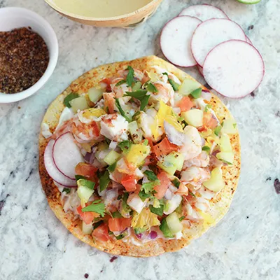 Tostada de Ceviche de Camarón a la Naranja